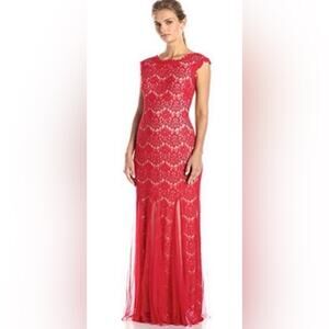 Betsy & Adam Women's Red Lace Floral Crochet Embroidered Mermaid Gown Dress sz 4